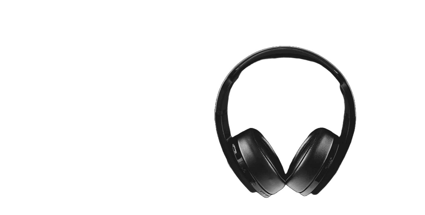 A pair of over-ear headphones in black. The headphones have a sleek, modern design with round ear cups and a padded headband. 