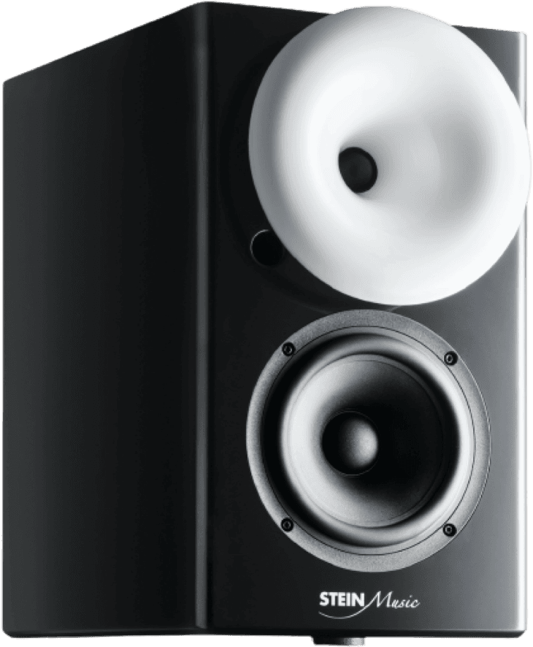 The ZX9 speaker is black with a slightly textured finish. The top woofer has a white ring around the outside. There is a Stein Music logo on the front, below the woofer. The base of the speaker slants inwards slightly.