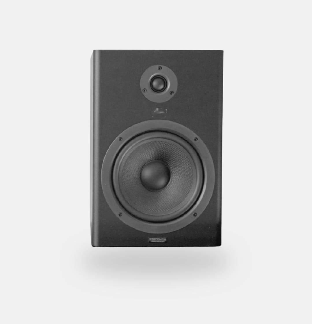 Black speaker with round woofer and tweeter, designed for high-quality audio output, isolated on a white background.