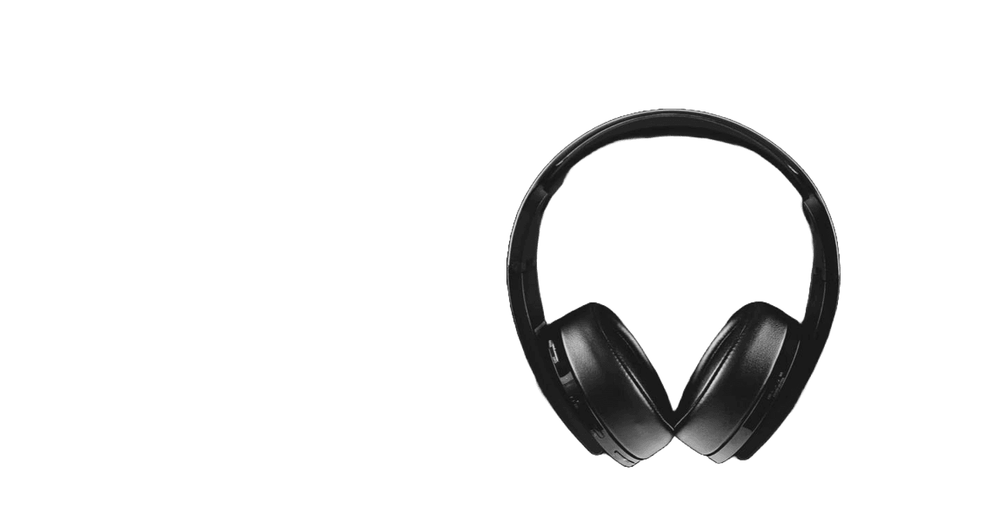 A pair of over-ear headphones in black. The headphones have a sleek, modern design with round ear cups and a padded headband.