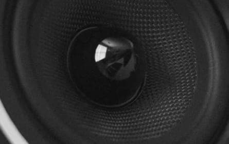 Close-up view of a speaker's detailed design, featuring a reflective dust cap and textured concentric circles.